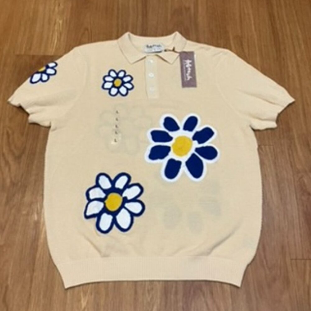 Agtawh Mens Regular Fit Short Sleeve Polo Shirt Cloud Cream Flowers Pattern L